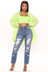 Picture This Distressed Straight Leg Jeans - Medium Blue Wash Ins Street